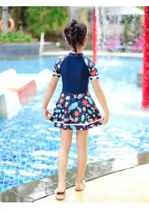 儿童泳衣小女孩中大童韩版连体裙式泳装平角女童学生游泳衣套装粉色xl