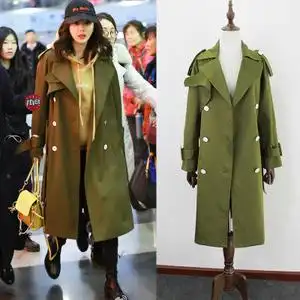 2017早春新款韩版明星杨幂机场同款军绿风衣宽松双排扣中长外套女