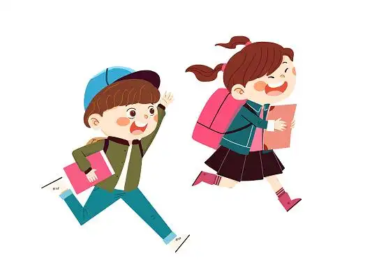 卡通风格2个小学学生去上学开学季去上学元素