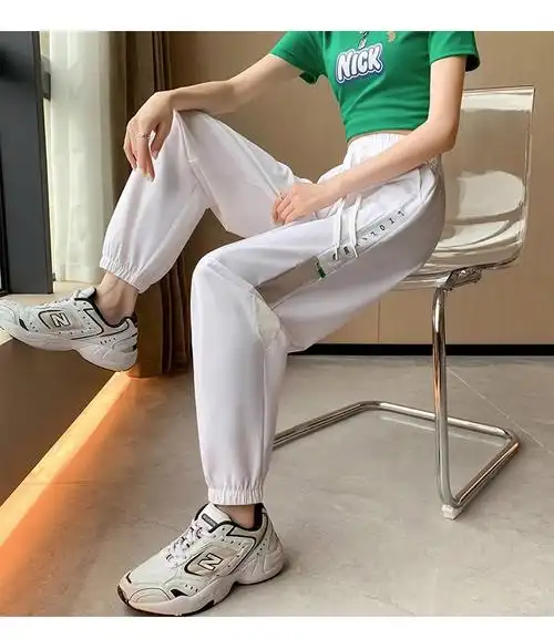 冰丝速干裤女款夏季薄款宽松束脚运动裤网纱拼接高腰显瘦哈伦裤子