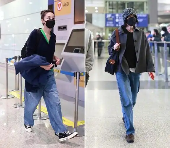 王菲每次的机场街拍,也都是工装裤,牛仔裤换着穿,轻松get"下班装".