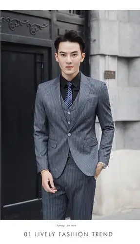 汤河之家 2019秋季新款男士西服三件套修身条纹西装礼服三件套男c