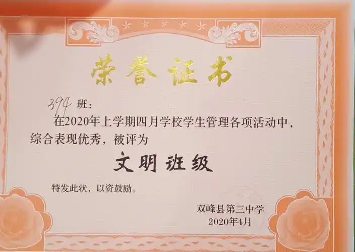 照片集锦描述与说明394班荣获文明班级奖状单位学校类别1002001获奖