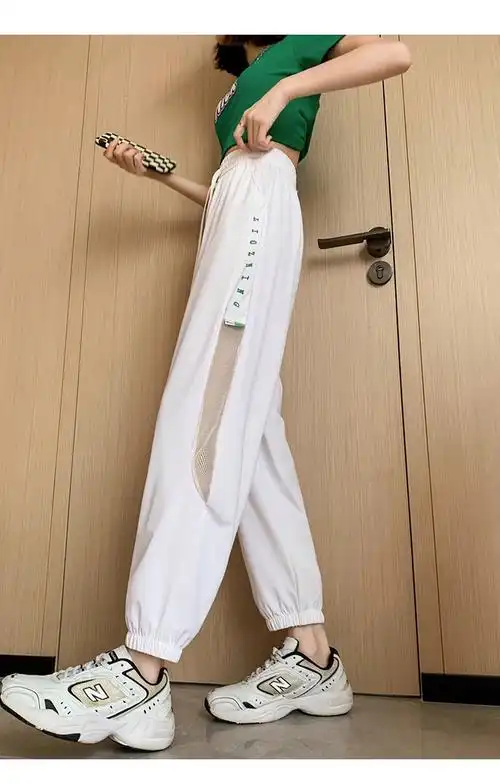 冰丝速干裤女款夏季薄款宽松束脚运动裤网纱拼接高腰显瘦哈伦裤子