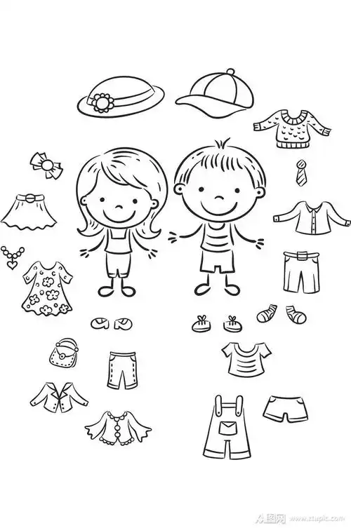 ai矢量男孩女孩服装简笔画