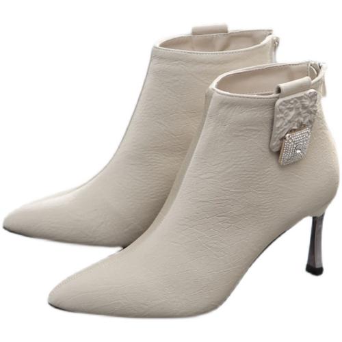 冬季新款小跟裸靴女尖头短靴短筒马丁靴女性感优雅真皮高跟靴小码