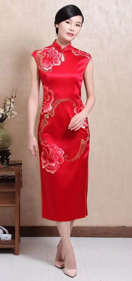 jd红色刺绣真丝旗袍