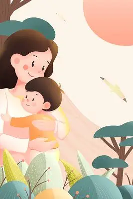 橙色卡通人物妈妈母子拥抱母亲节插画