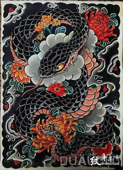 日式纹身手稿老传统版雾刹车印满背花臂花腿包臂素材