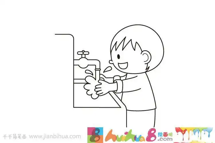 小女孩洗手简笔画教程图片排队喝水简笔画