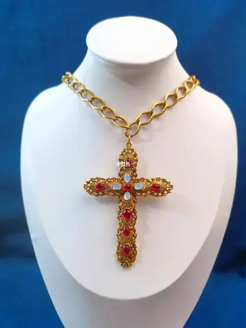 古董彩宝十字架吊坠项链/vintage首饰