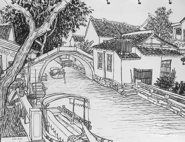 江南水乡周庄线描写生(十四),徐明瑜, 2016年纸张国画 | 艺起来 - to