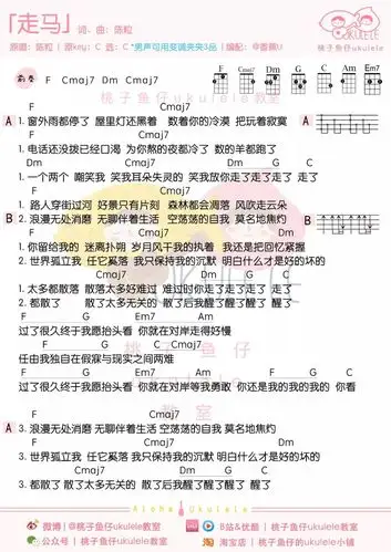 陈粒走马尤克里里谱ukulele弹唱谱乌克丽丽谱桃子鱼仔视频教学c调变调