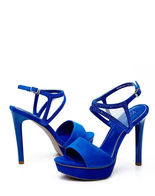 15年专柜同步新款深蓝色羊反绒/人造革超高跟条带凉鞋