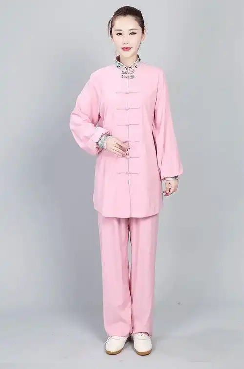 太极服女春秋棉麻长袖琵琶扣中长中老年练功服装中国风新款粉红色s