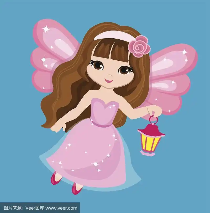 漂亮的小仙女穿着粉红色的裙子,提着灯笼.