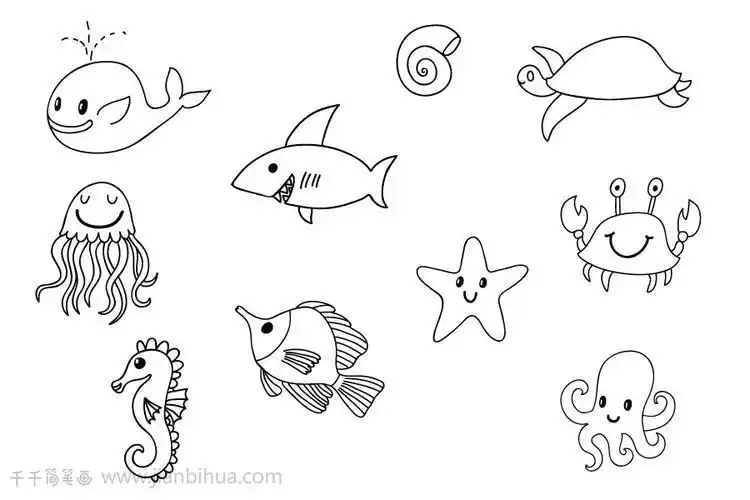 海里的小动物手帐简笔画 儿童轻松学画画海里的小动物手帐简笔画海洋