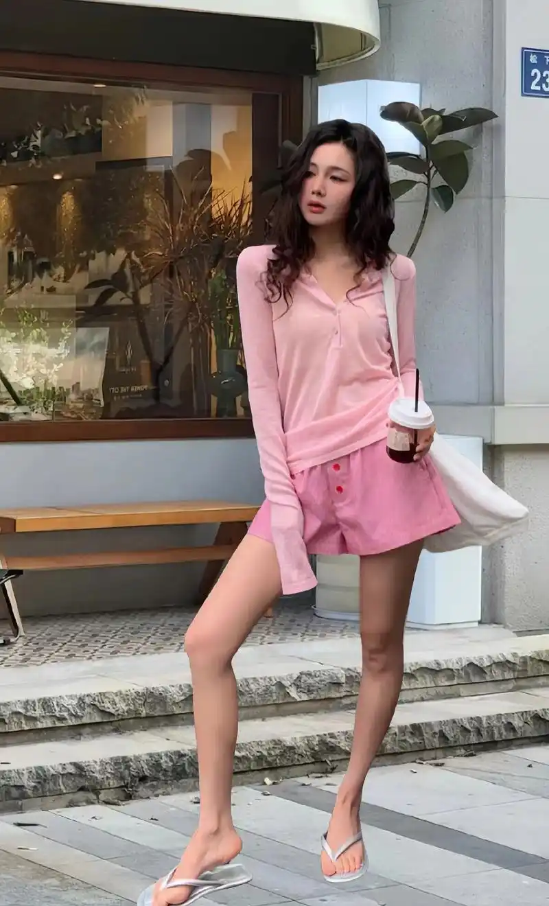 纯欲粉装短裤搭配又美又飒～这款韩版街头风粉色的长袖t恤,polo 领
