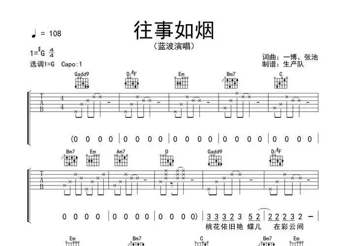 往事如烟吉他谱_蓝波_g调弹唱六线谱_生产队上传