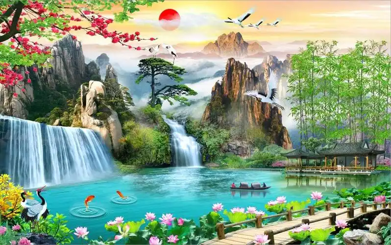 (特价)贴画墙贴壁画壁纸自粘墙纸中式客厅山水画风水墙画装饰电视背景
