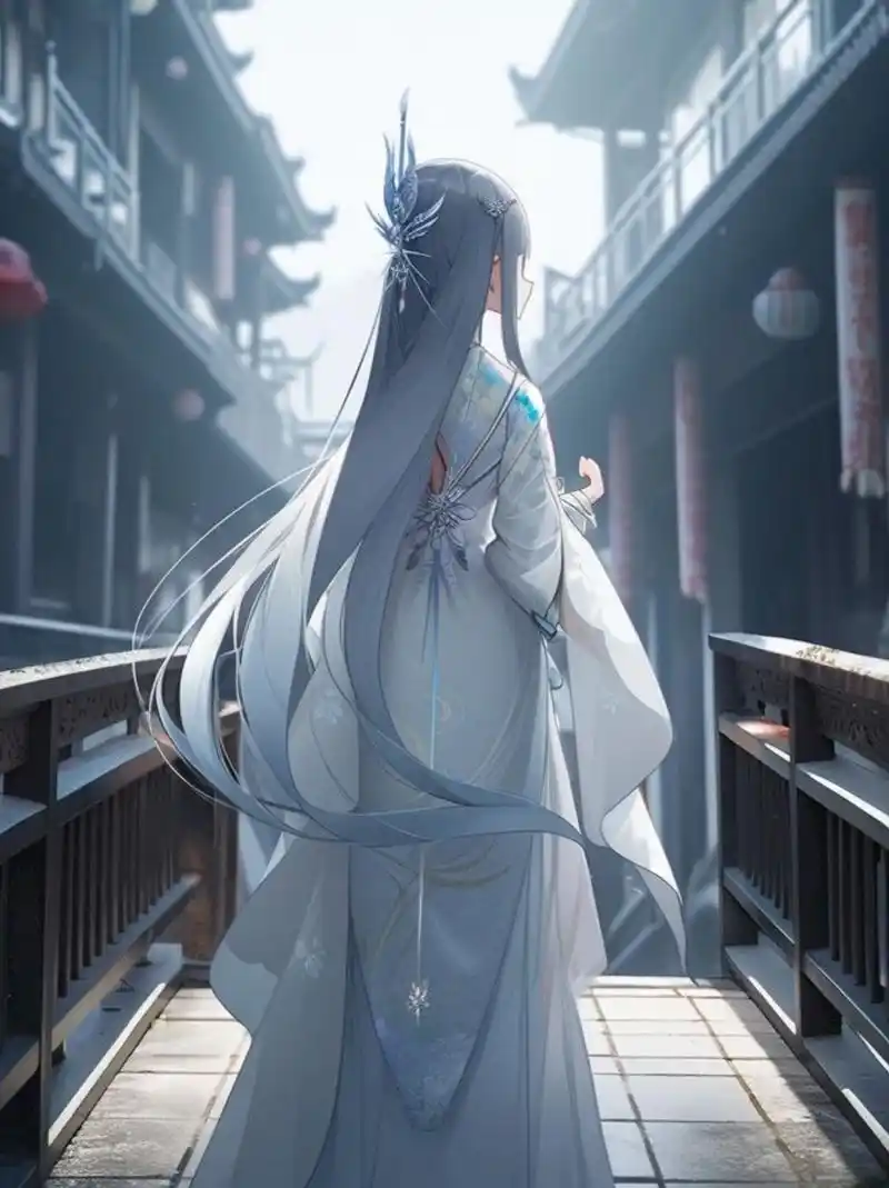 动漫二次元场景 关键词:一个年轻的蓝色长发女孩穿着白色新中国汉服