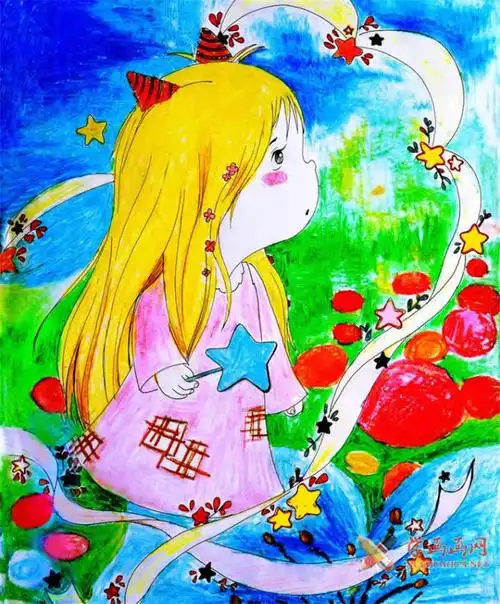 儿童画美丽的梦乡女孩,女孩油画棒作品