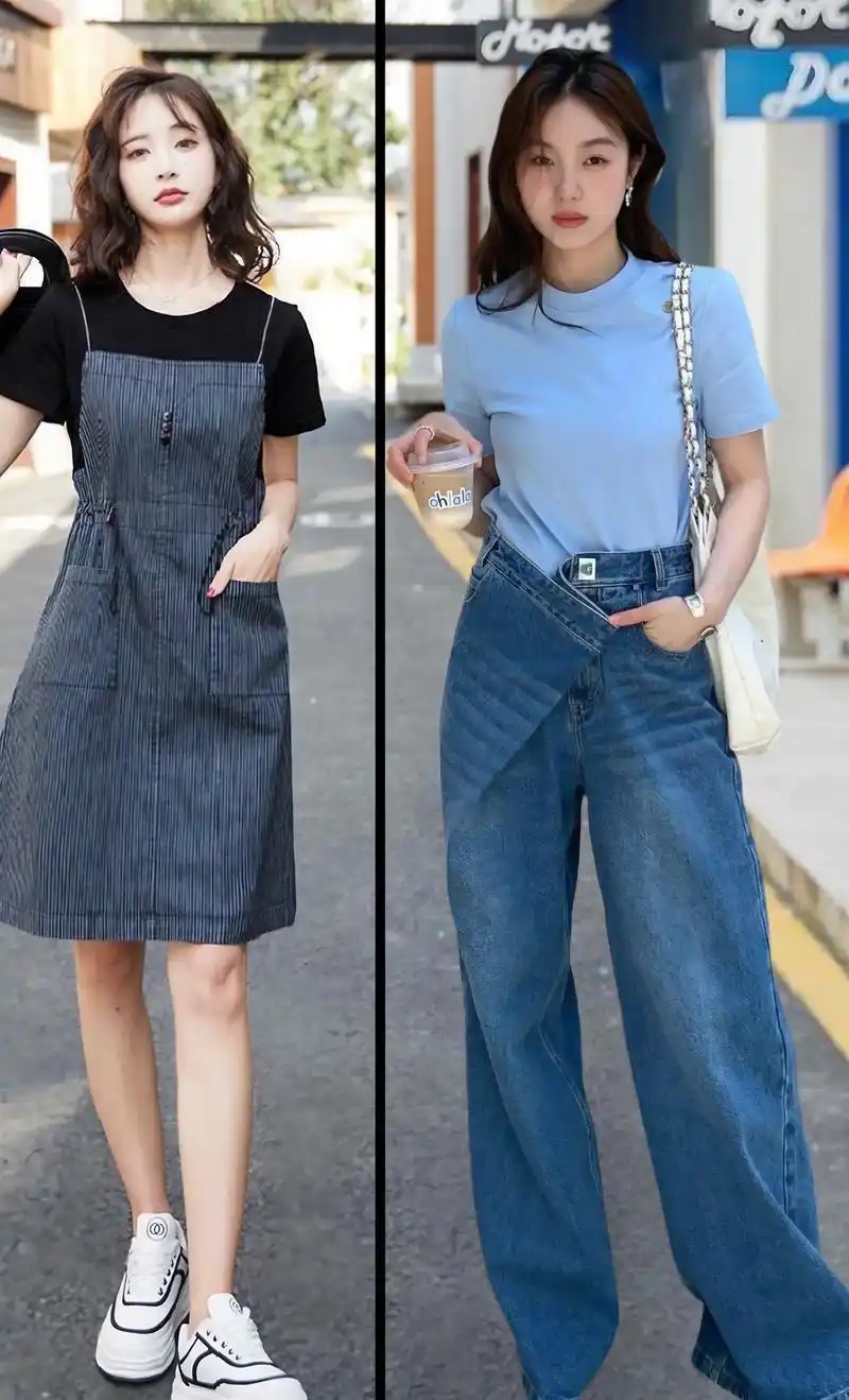 高腰百搭阔腿牛仔裤,尽显洒脱与大气;搭配韩版气质圆领正肩蓝色短袖