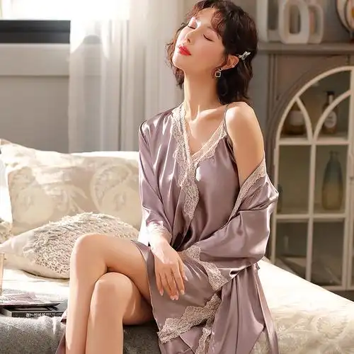 春秋睡衣女士性感吊带浴袍晨袍中长仿真丝绸睡袍