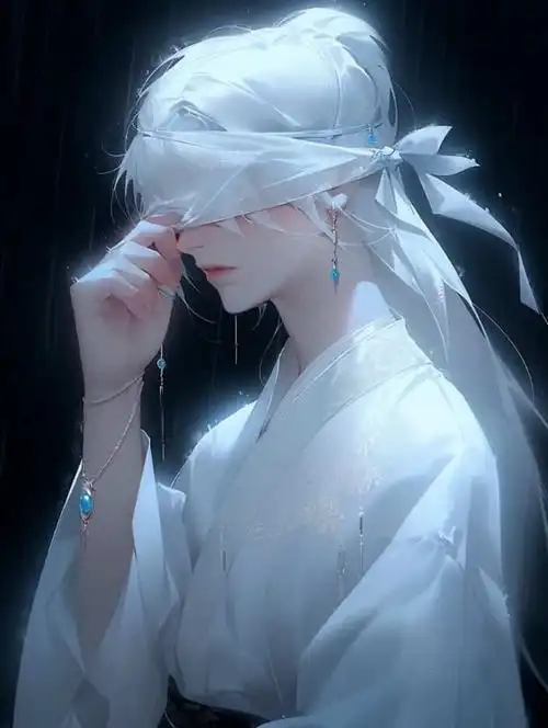 古风丝带遮眼白发男生头像 动漫唯美氛围感仙侠风纱布蒙眼男头