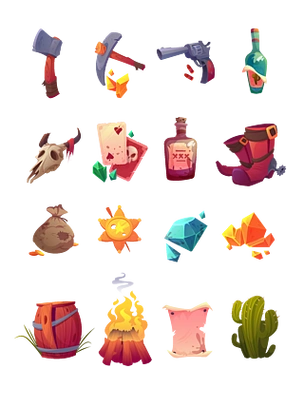 游戏场景道具木桶篝火牛仔鞋酒瓶钻石枪植物