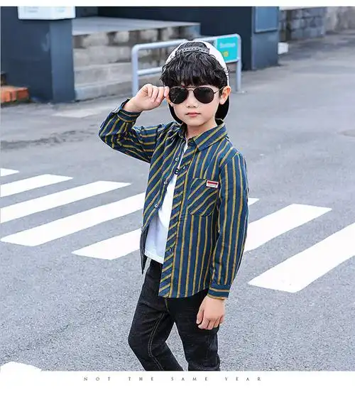 儿童衬衫休闲条纹洋气长袖中大童7岁8春秋冬男童衬衣10小学生加绒学生