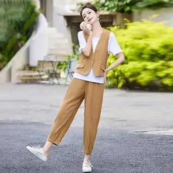 女装时尚休闲套装2024夏季新品韩版t恤 马甲 九分裤三件套m8a19