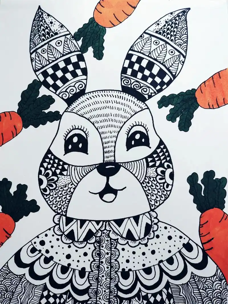 创意儿童画《线描兔子》 今日更新:  线描兔子92 适合六岁 - 抖音