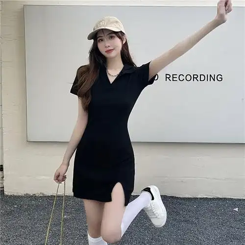纯棉polo领t恤连衣裙性感包臀开叉修身显瘦短袖显身材夏裙子
