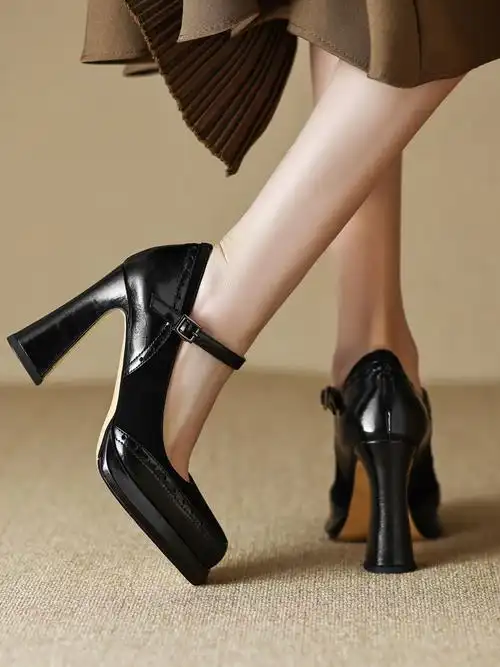 一字带粗跟单鞋女方头全皮黑色高跟鞋2023春秋新款防水台-阿里巴巴