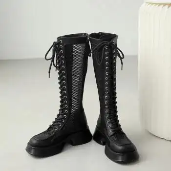2022新款长靴女薄款透气马丁靴镂空高筒靴厚底网纱骑士靴子 长筒黑色