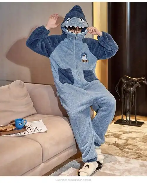 鲨鱼睡衣连体珊瑚绒情侣连体睡衣秋冬季加厚法兰绒女款套装男士卡通