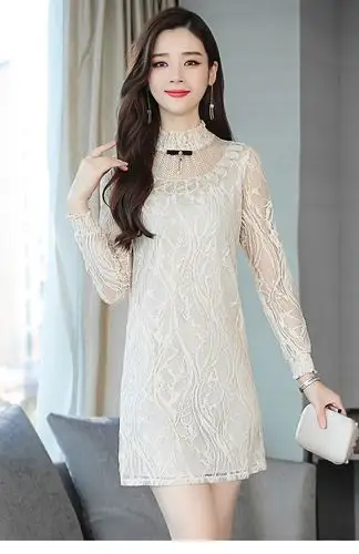 气质中长款蕾丝裙2018春季新款小清新网纱拼接修身显瘦打底a字裙