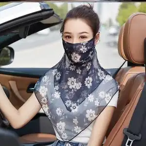 全遮面丝巾漂亮护脸骑车真丝脖套面纱易呼吸超薄蒙面纯色加大码