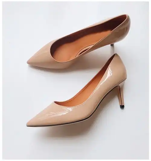 mornymoss品牌女细高跟鞋轻奢鹿皮里裸色漆皮尖头单鞋职业装工作鞋 裸