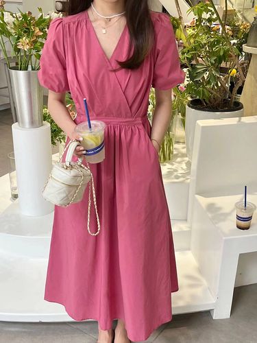 糖安妮 玫粉色/牛油果v领连衣裙女2022年夏季高腰显瘦通勤a字中长