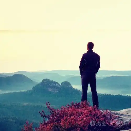 与石南花布什悬崖上穿黑衣服的高个子男人.锋利的落基山脉公园