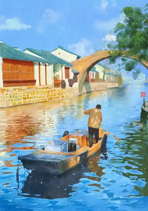 水彩风景江南水乡