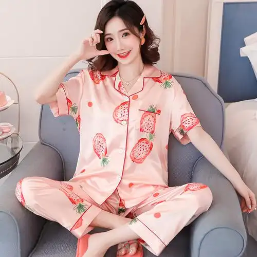 丝绸睡衣女夏短袖长裤冰丝家居服薄款春秋大码睡衣