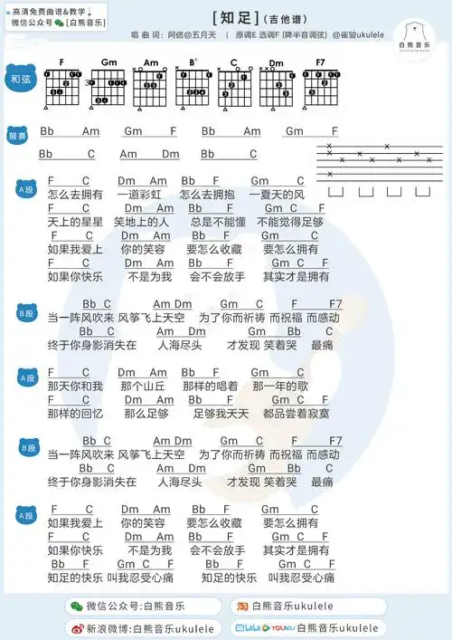 五月天知足尤克里里谱弹唱视频演示教学吉他谱