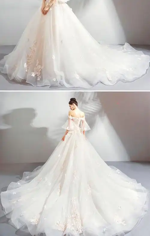 天使嫁衣 仙气十足 魅力重工花朵露肩新娘大拖尾婚纱礼服6166