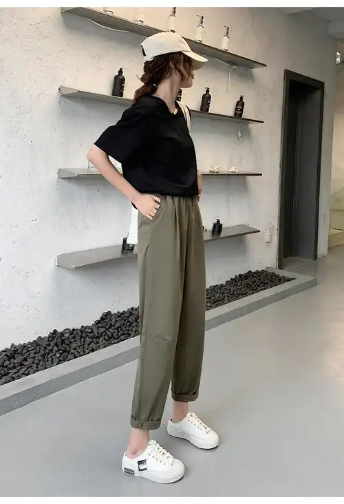 实拍纯棉奶咖色裤子宽松阔腿裤高腰休闲哈伦裤九分萝卜裤长裤女夏