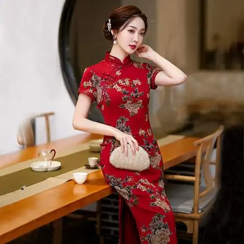 古法改良版旗袍长款到脚踝夏季2022年新款年轻款富贵牡丹红色国潮