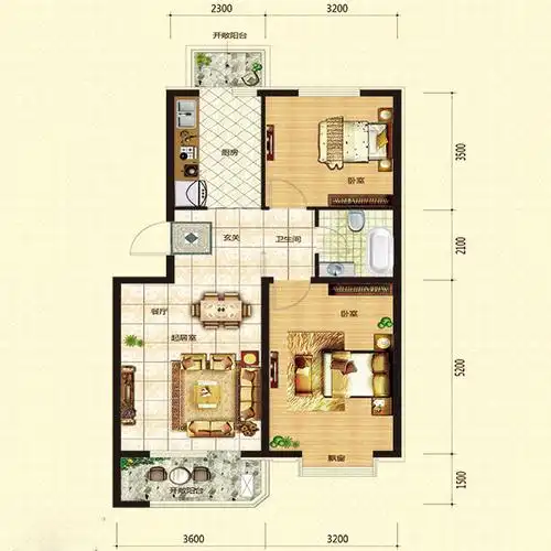 户型信息_坤博幸福城80平2室2厅1卫幸福e-3-01户型户型图 - 房小二网