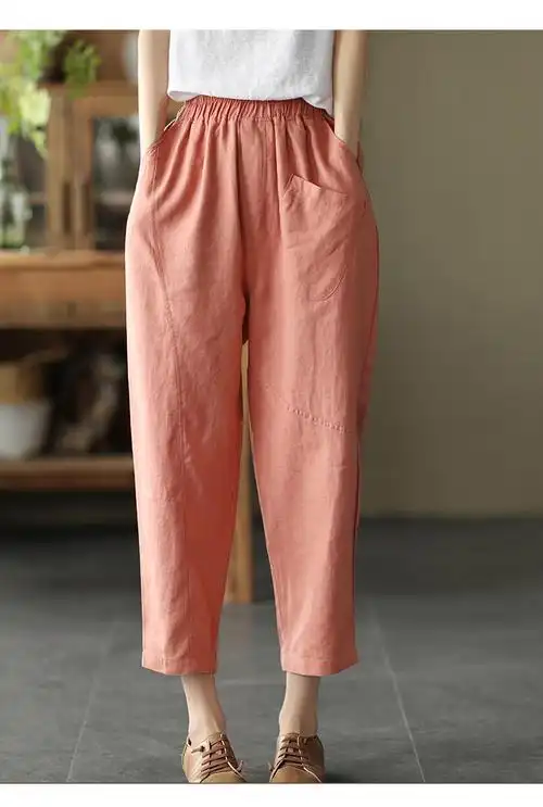 琪镌绘制夏款复古苎麻女裤松紧腰显瘦拼接哈伦裤纯色休闲九分裤